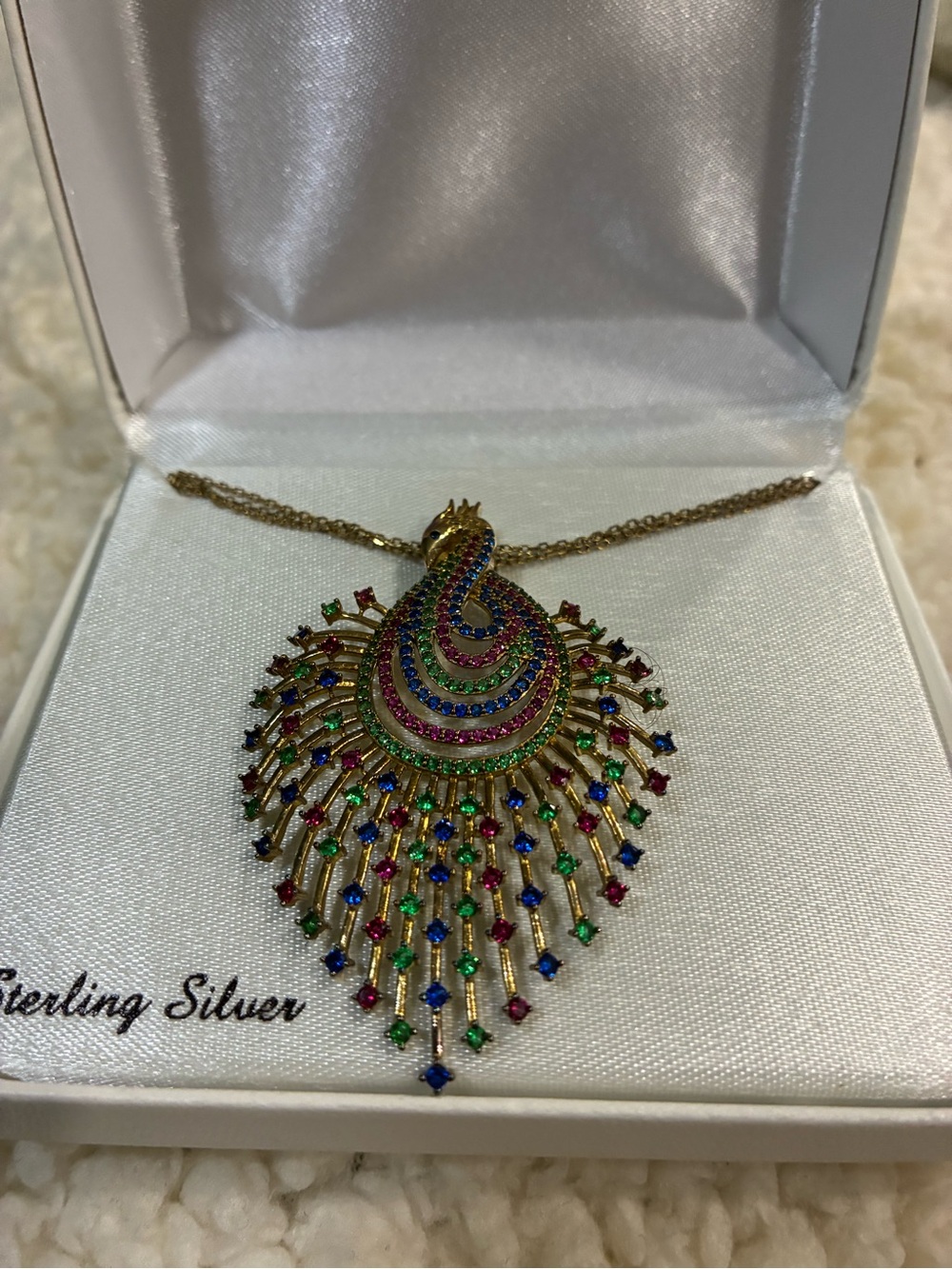Gold Over Sterling Silver -Multi-Color Peacock Feather Pendant Necklace